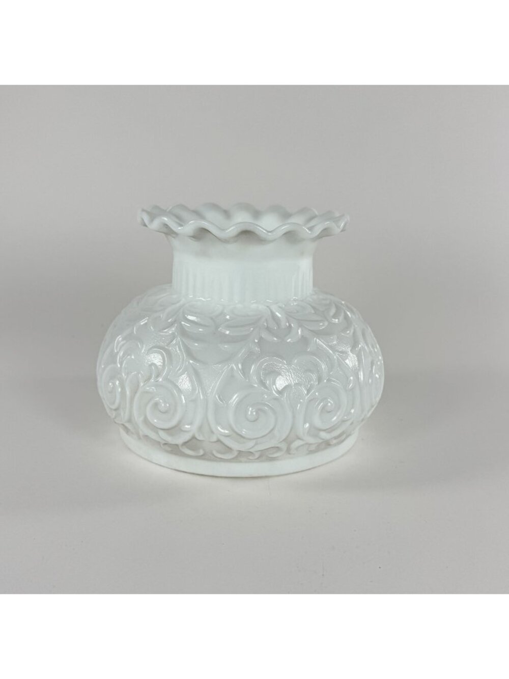 Vintage Milk Glass Filigree Lamp Shade Ruffled Hurricane 7in Fitter 6in Tall